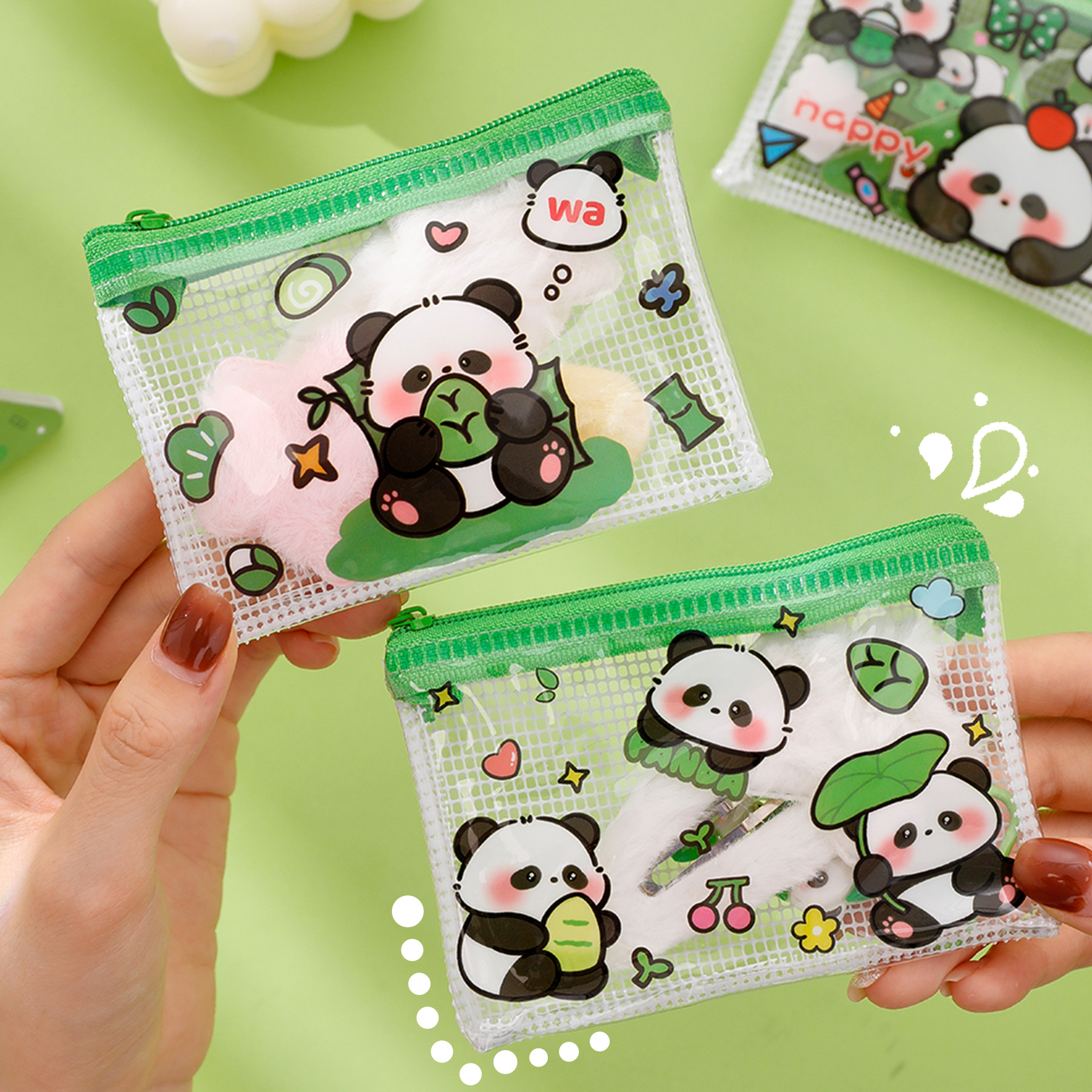 熊猫零钱包可爱卡通透明收纳袋学生高颜值便携拉链零钱耳机包礼品