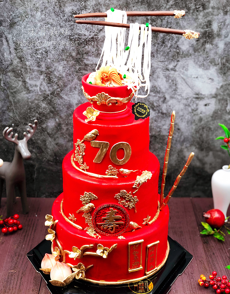 翻糖三层寿桃长辈生日蛋糕