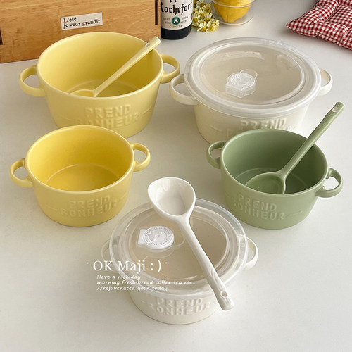 ins风陶瓷双耳酸奶碗带勺