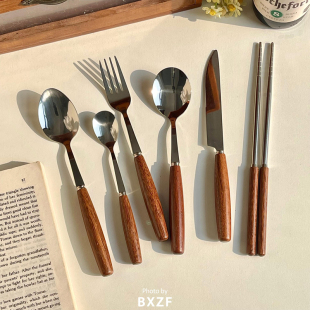 木柄不锈钢餐具筷子勺子叉子三件套高级感牛排西餐套装刀叉两件套