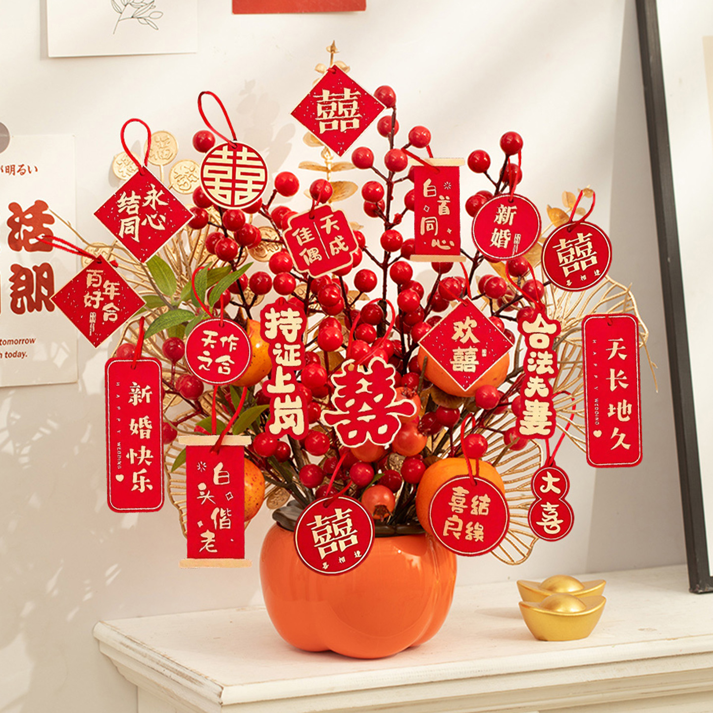 结婚红色装饰品柿子福桶