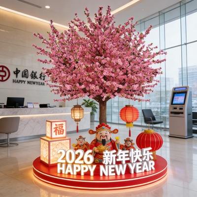 银行厅堂装饰新年春节马年氛围布置装饰仿真桃花树大型植物许愿树