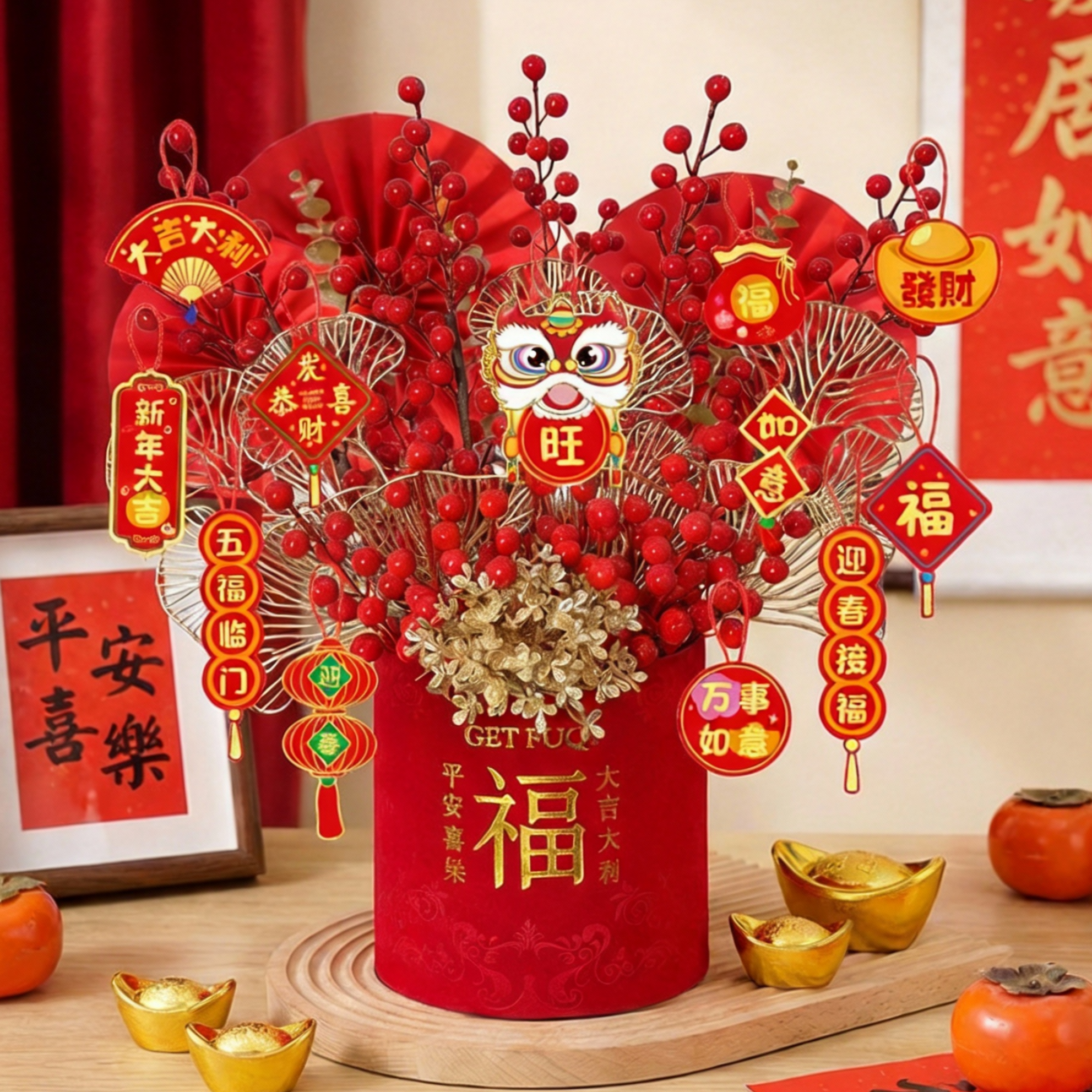 新年福桶抱抱桶diy材料包花束摆件发财果年宵花过年氛围装饰摆件,家居饰品,仿真花/假花,淘宝优惠券,粉丝福利购,淘宝优惠卷