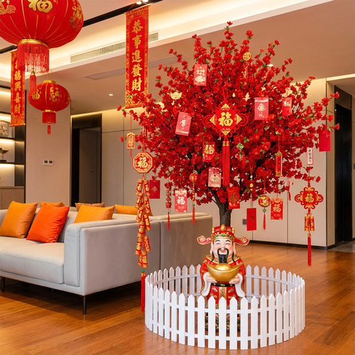 仿真桃花树红色中式国风许愿树发财红包树假树布置新年落地装饰