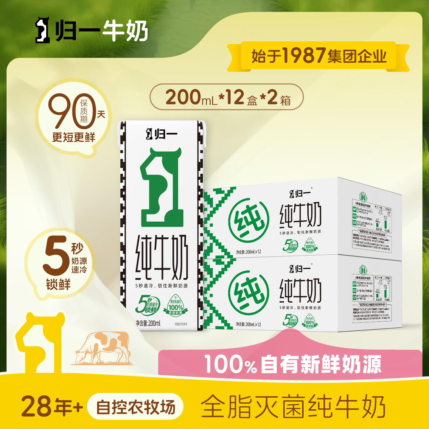 归一全脂灭菌100%纯牛奶12盒*2箱