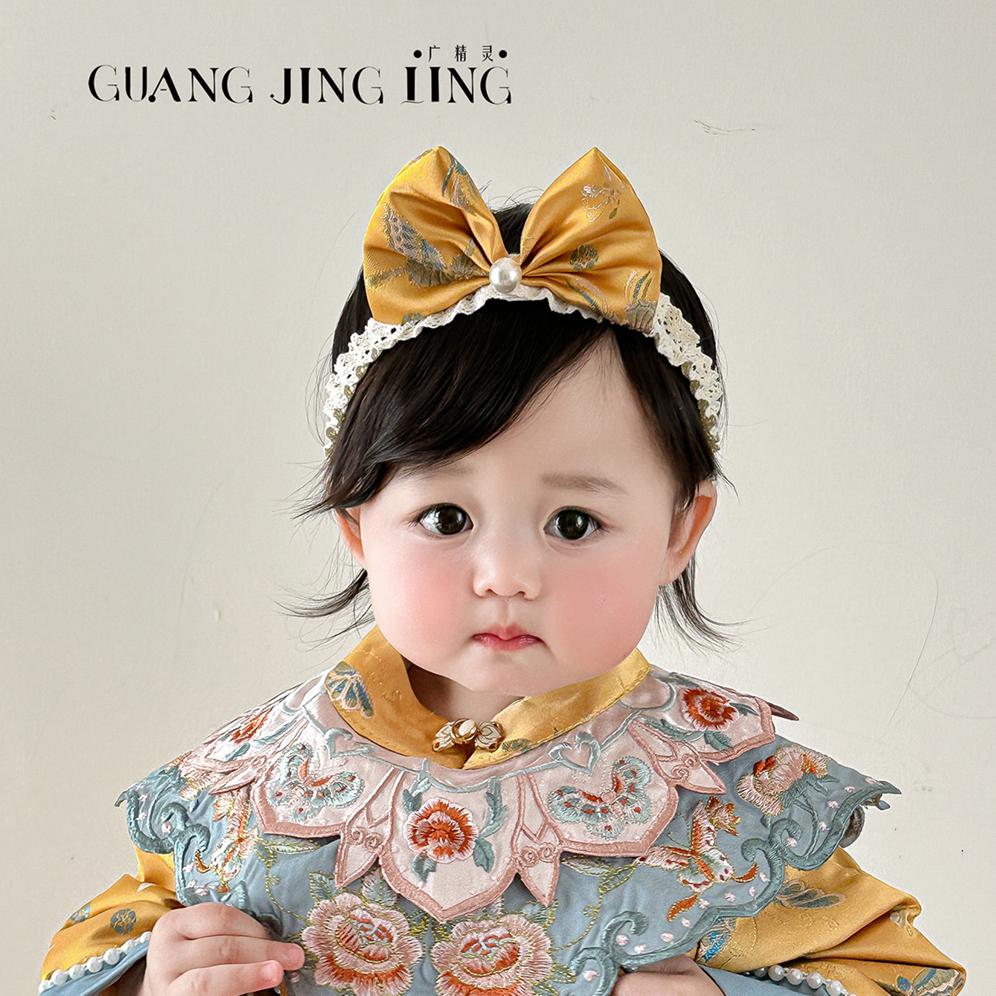 新中式复古金色女宝宝头饰婴幼儿蝴蝶结百天周岁弹力发带发箍配饰
