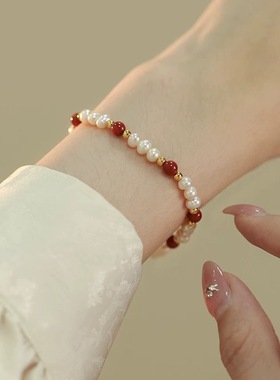 小众设计天然淡水珍珠红玛瑙手链轻奢复古高级感本命手串生日礼物