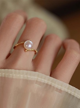 轻奢纯银竹节开口可调节戒指6A高亮扁圆强光淡水珍珠戒圈时尚指环