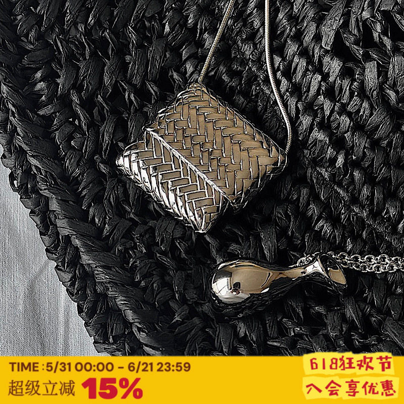 RTEP 小众设计中古编织银色包包花瓶造型项链复古方形吊坠毛衣链