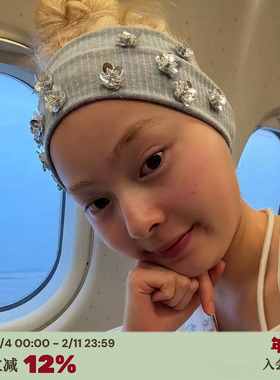 RTEP 手工钉花银色束发带灰色弹力花朵钉珠洗脸头彩色钻石发饰