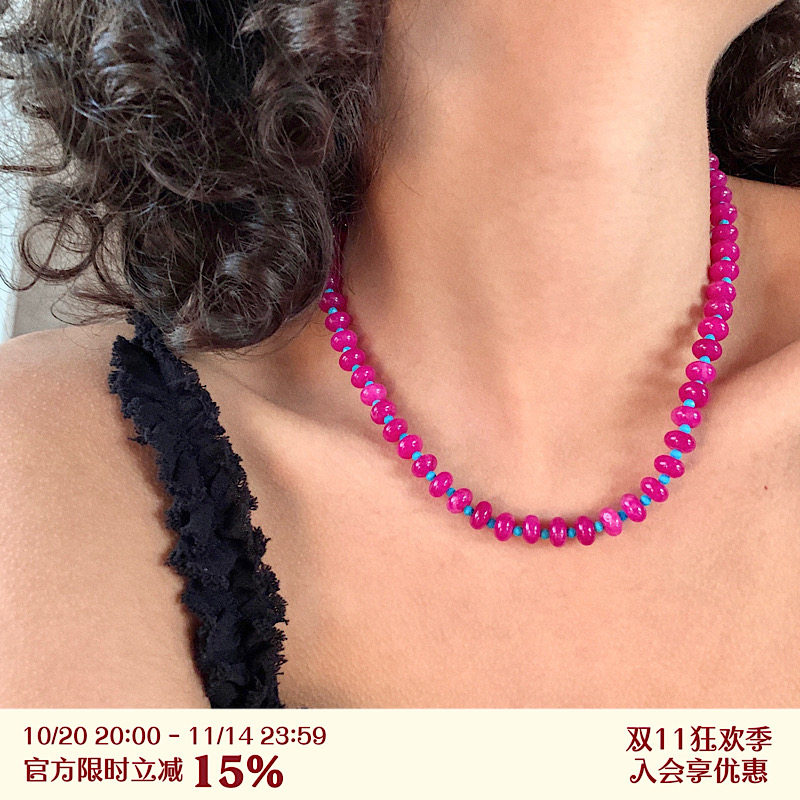 RTEP 小众设计Rose Violet宝石洋红天然玉石玫红湖蓝松石串珠项链