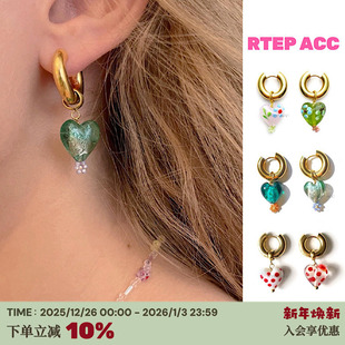 RTEP 复古爱心渐变波点金色c圈吊坠耳环 小众ins可爱彩色琉璃法式