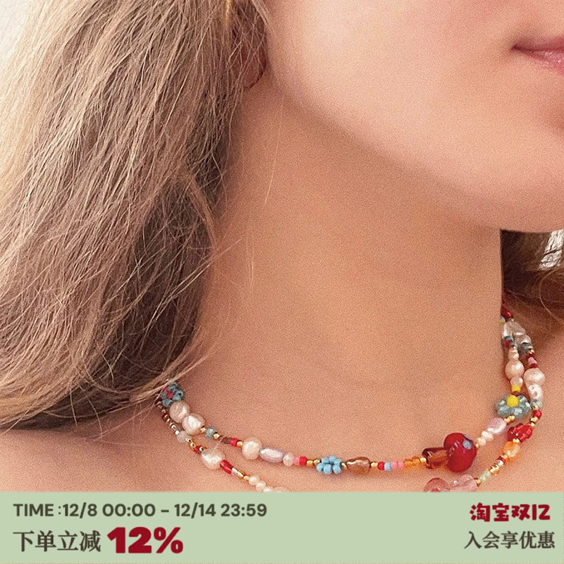 彩色波点蘑菇水晶串珠项链