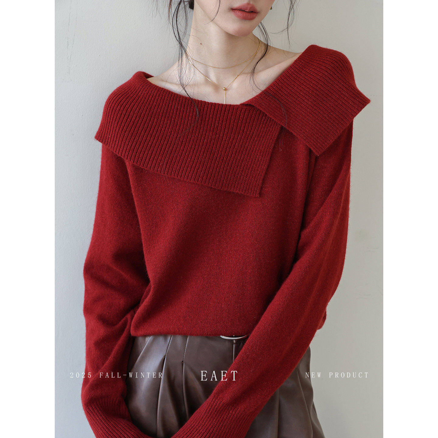 XZLDHY不规则慵懒设计感翻领红色毛衣女新年毛衫秋冬新款宽松上衣