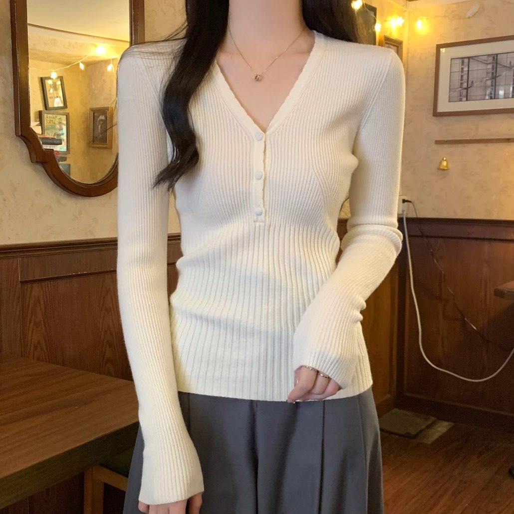 V领显瘦2025新款早春针织打底衫女装春秋季毛衣内搭长袖小衫上衣