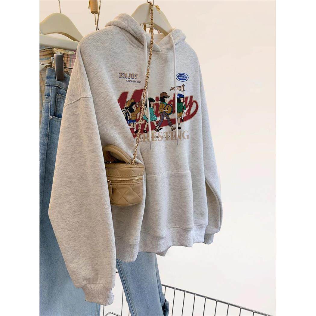 日系GP美式灰色正肩连帽卫衣女秋新款慵懒风宽松套头长袖上衣外套