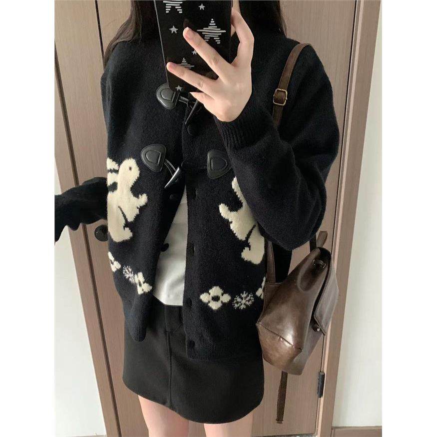 加厚版！覆古牛角扣卡通毛衣开衫女秋冬新款韩版宽松百搭针织外套