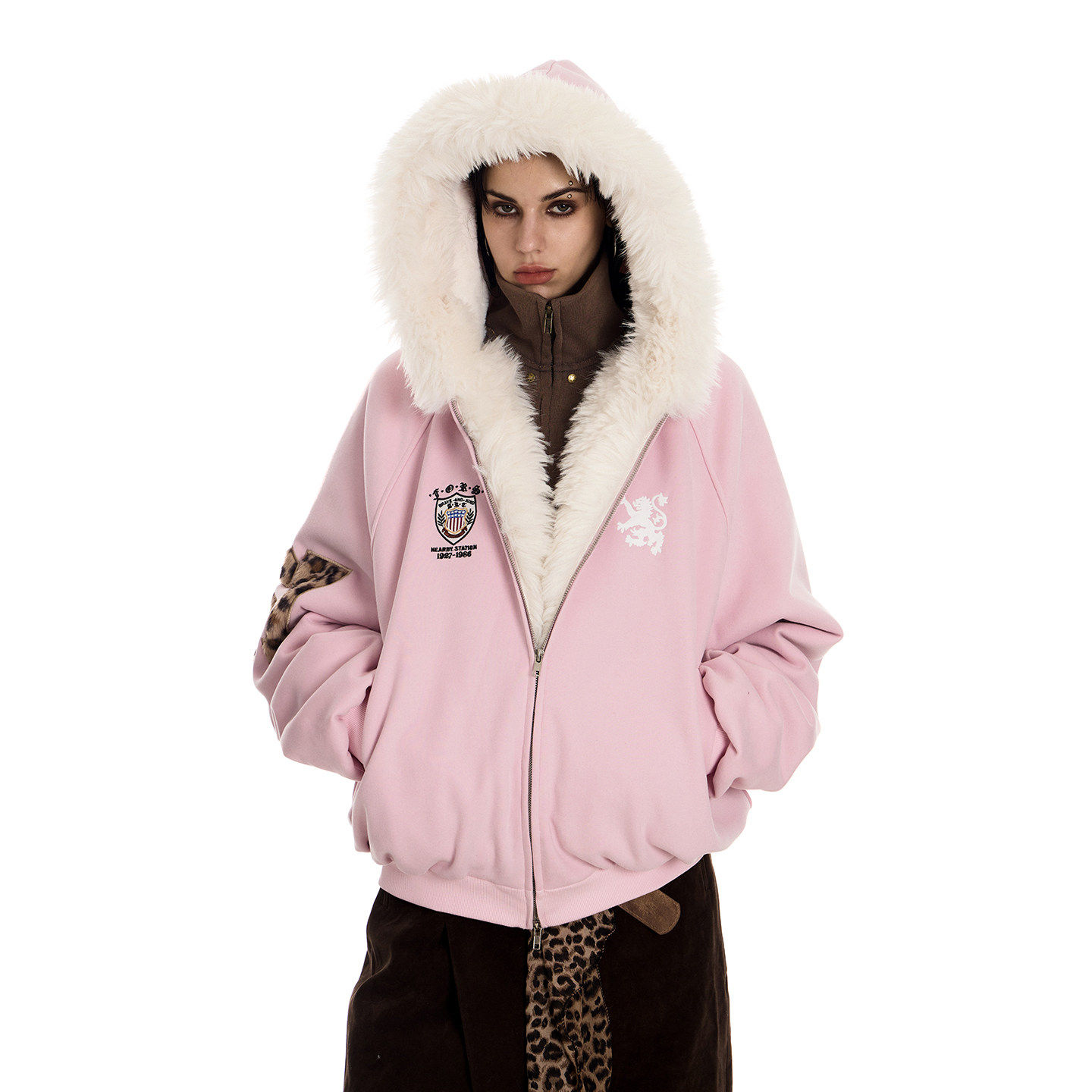 0123start 粉色座山雕棉服外套女宽松美式豹纹加绒加厚连帽卫衣冬