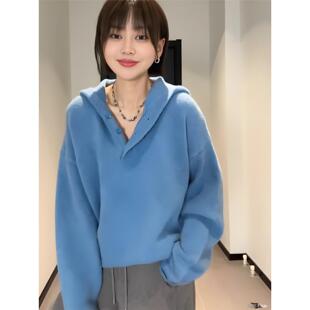 加码蓝色连帽针织毛衣妇女的运动衫初秋新胖毫米宽松瘦身看内底衬