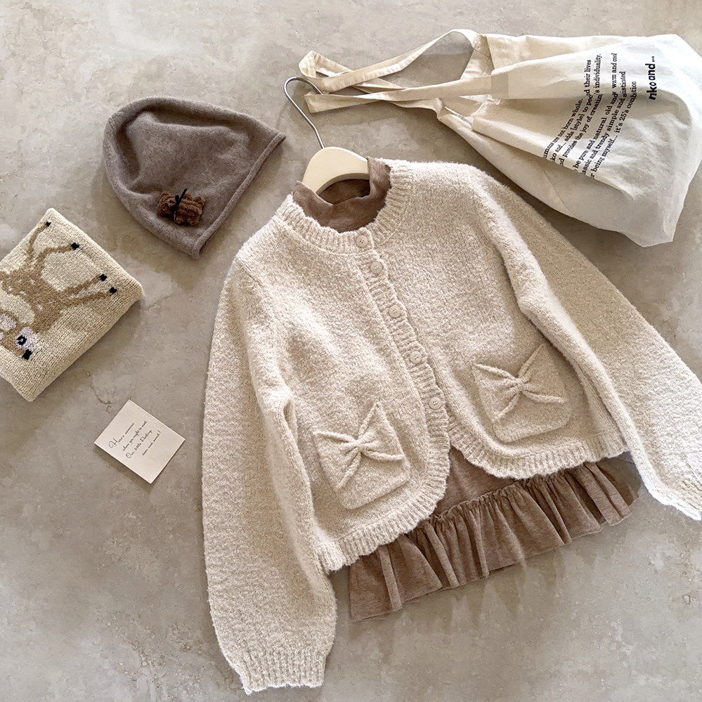 圈圈纱 蝴蝶结口袋 花边 正肩 针织开衫 毛衣 K