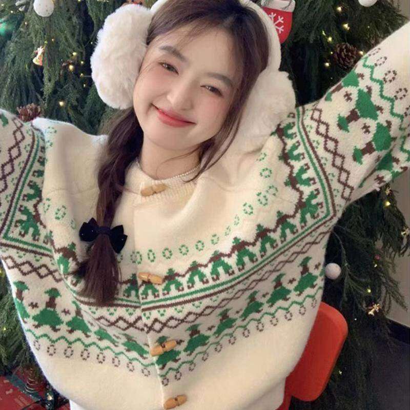 牛角扣费尔岛圣诞毛衣开衫外套女秋冬加厚针织外套小个子收腰上衣