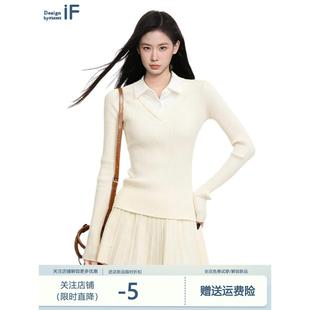 白色假两件正肩polo领针织衫女秋冬修身内搭打底v领毛衣短款上衣