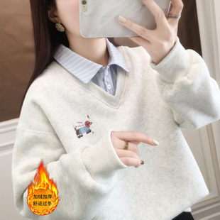 冬季2025新款假两件女士卫衣上衣秋冬装衬衫POLO领加绒厚洋气爆款