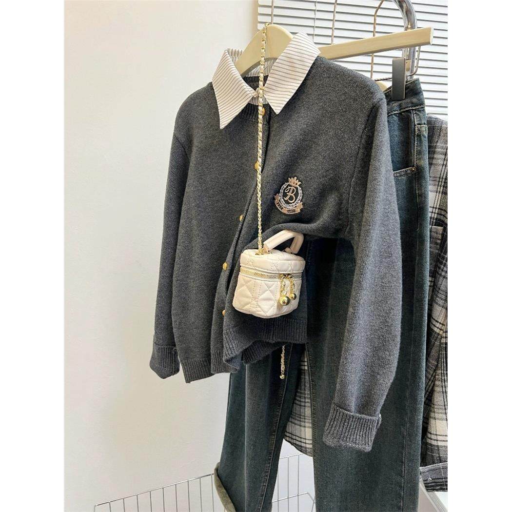 假两件针织衫女春秋小个子外搭衬衫领灰色毛衣开衫外套学院风上衣