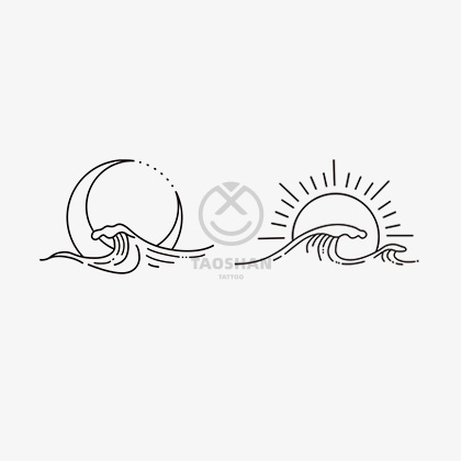 海浪太阳月亮简约线条ins风防水仿真刺青纹身贴日月黑色纹身贴纸