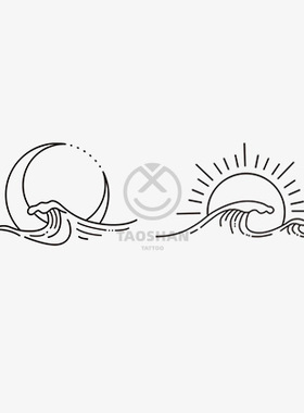 海浪太阳月亮简约线条ins风防水仿真刺青纹身贴日月黑色纹身贴纸