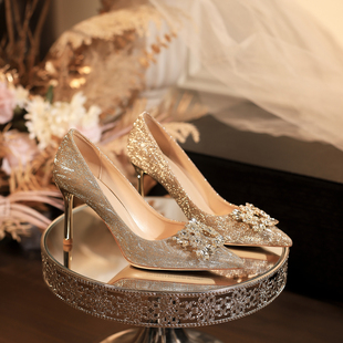 法式绝美水晶高跟鞋主婚纱礼服配裙子伴娘水晶单鞋订婚敬酒旗袍鞋