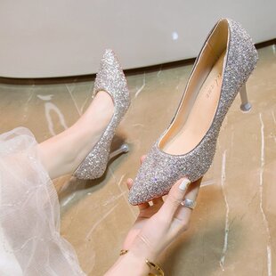 水晶高跟鞋女银色伴娘礼服低跟3cm浅口气质浅色婚鞋单鞋四季年会5