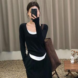 撞色假两件长袖T恤女2024春秋新款修身显瘦百搭休闲打底衫上衣女