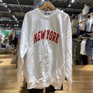 新款 BM风平替同款 NewYork字母刺绣bm宽松圆领加绒卫衣外套女秋季