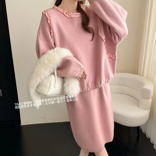 2026新款欧货温柔韩系风木耳边圆领羊毛针织衫女秋冬灯笼袖毛衣