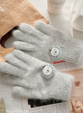 手套女保暖春秋天冬季毛绒加厚可爱卡通针织毛线加绒防寒骑行骑车