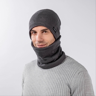 男士光头专用帽子男款外出冬季加绒围脖两件套女百搭毛线针织套装