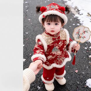 明制汉服冬装女童拜年服女宝宝加绒喜庆棉服新中式外出服加厚套装