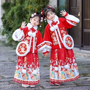 明制汉服冬装女童冬款儿童拜年服加厚洋气唐装喜庆年服秋冬套装
