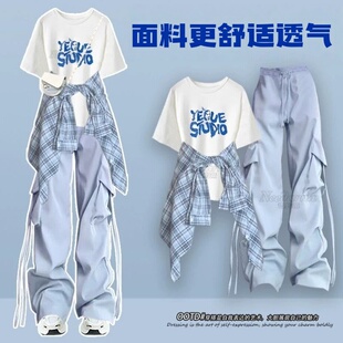 hiphop街舞穿搭套装春夏多巴胺格子防晒衬衫短袖T恤工装裤三件套