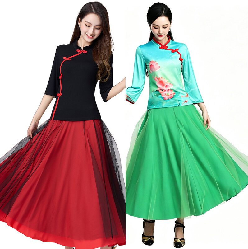 广场舞套装女2026新款民族风古典舞盘扣刺绣上衣长裙子表演出服装