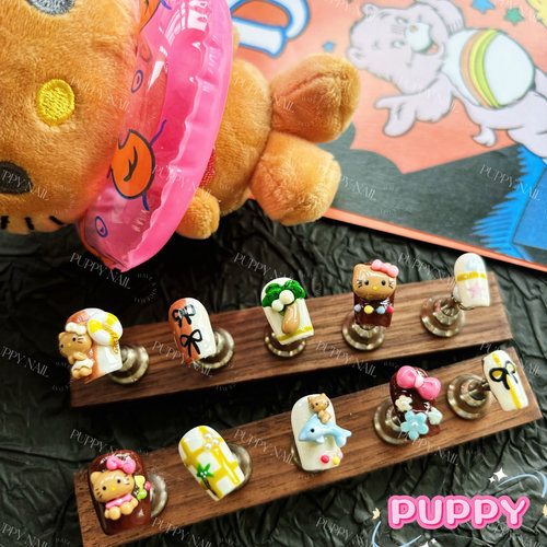 PUPPY家 黑皮kitty穿戴甲沙滩可爱卡通穿戴甲短梯蝴蝶结夏季美甲