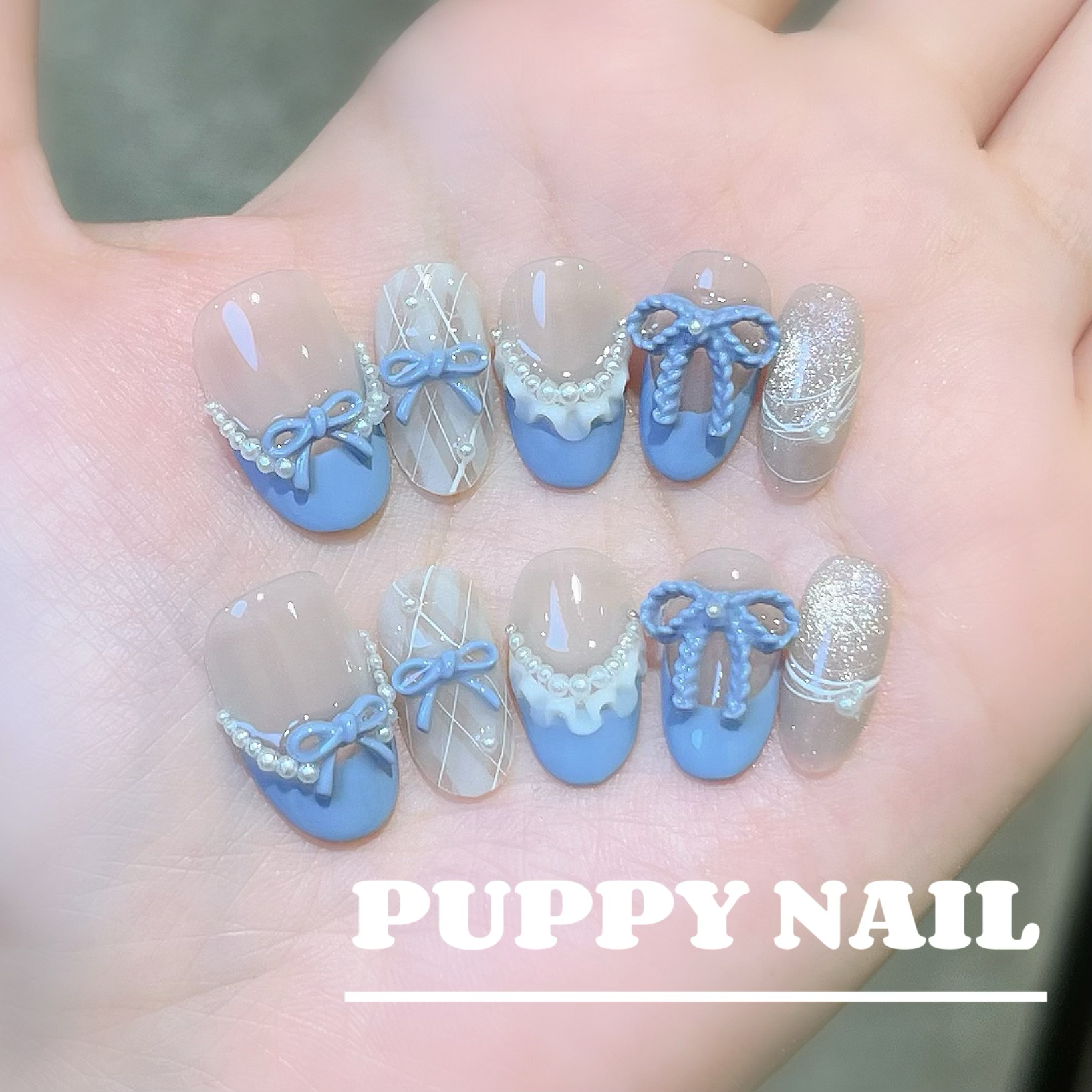 PUPPY家 蓝色法式蝴蝶结珍珠穿戴甲长椭圆显白芭蕾美甲甜美手工