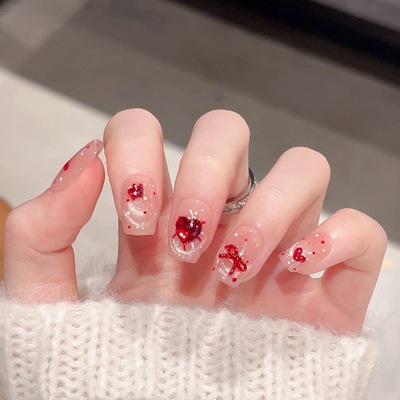 圣诞红猫眼法式珍珠爆闪穿戴甲