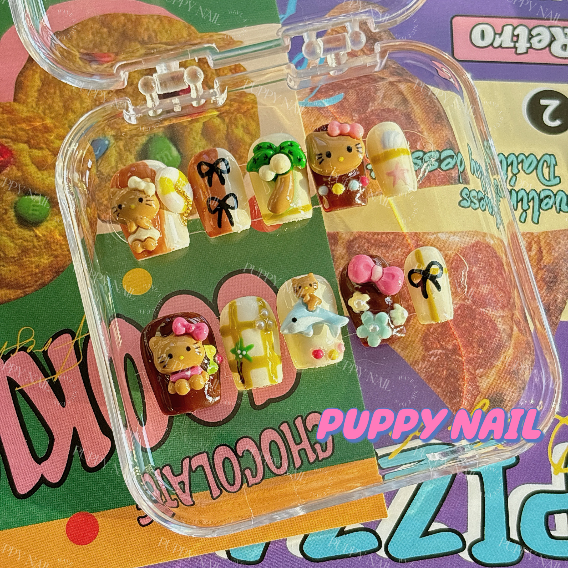 PUPPY家 黑皮kitty穿戴甲卡通多巴胺辣妹欧美风KT夏季甜酷美甲