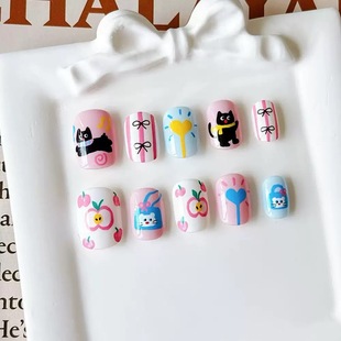 PUPPY家围脖小黑猫手绘秋冬穿戴甲可爱短款 美甲ins风苹果儿童卡通