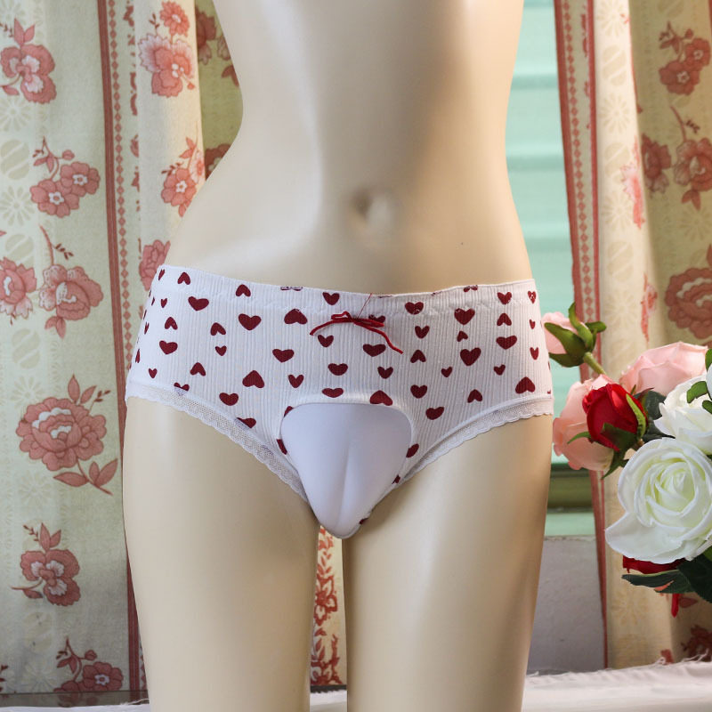 大码骆驼趾伪娘内裤紧身可爱男人中腰爱心隐藏jj女装大佬三角裤头