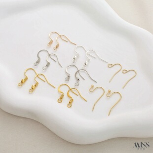 14K包金保色银色螺纹串珠压扁简易基础耳钩耳环diy手工耳饰品配件