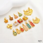 18K哑金保色沙金如意锁马上有钱海棠花吊坠diy手链项链吊饰品配件