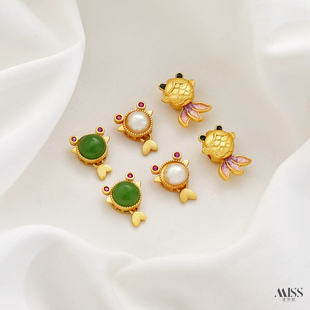 18K包金保色哑金镶贝珠小金鱼儿隔珠吊坠diy手链项链串珠饰品配件